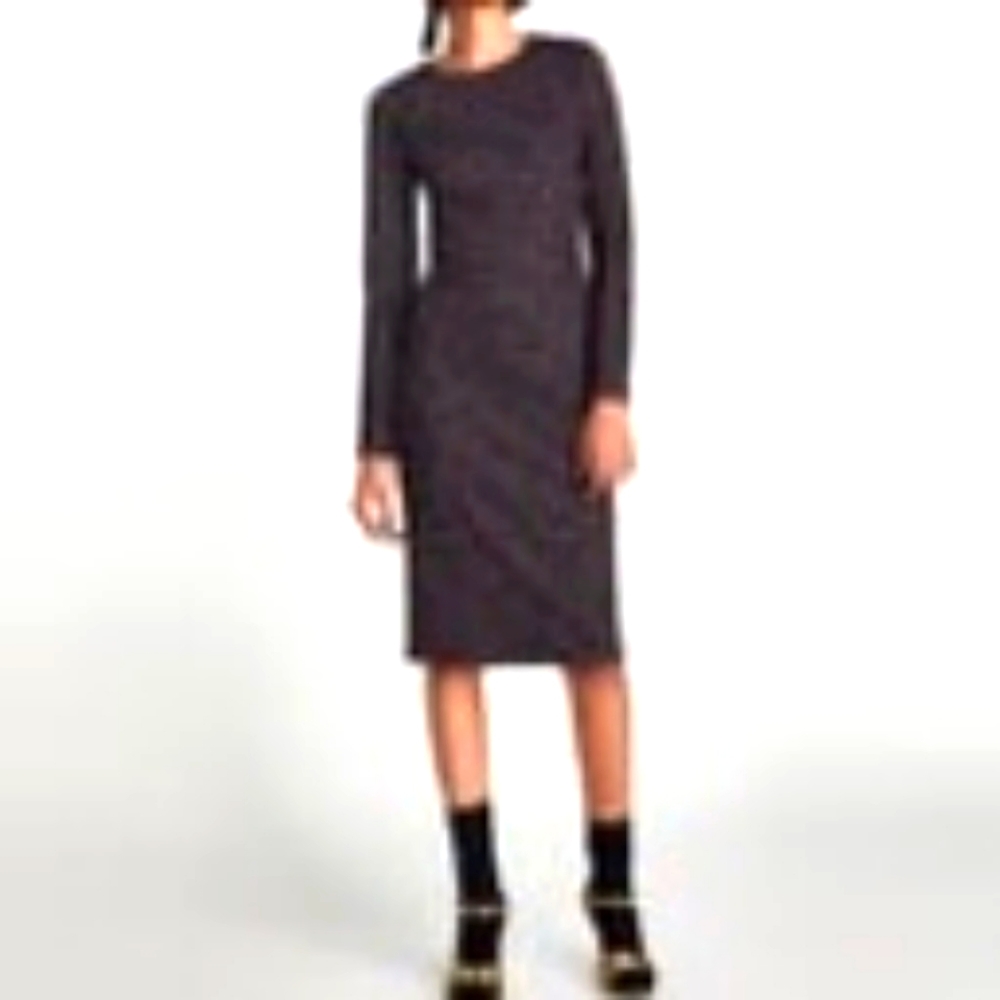 Zara Dress Bodycon Check Grey Burgundy Round Neck Long Sleeve
